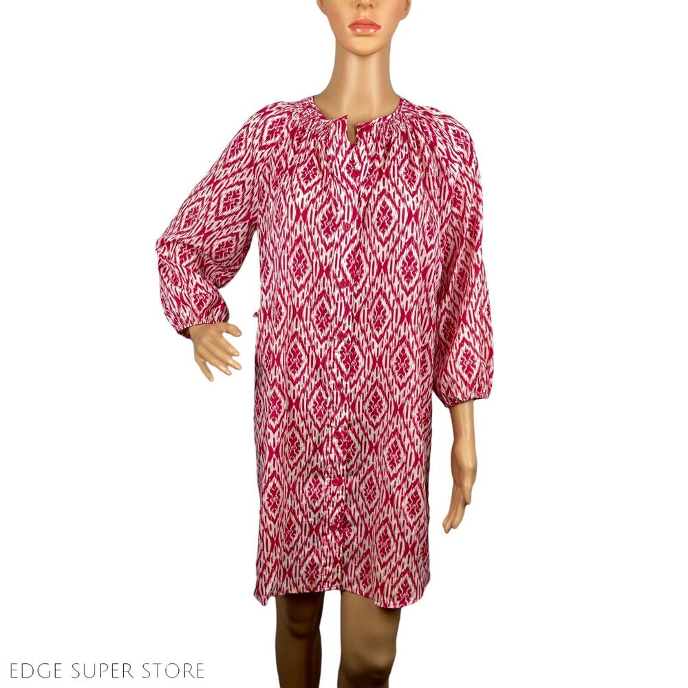 Anthropologie Maeve Pink White Button Up Long Sleeve Belted Shirt Dress Sz Small